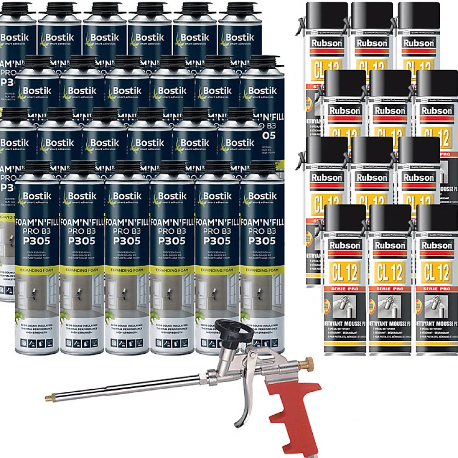 Pack 24 Mousses expansives PU pistolable P305 Foam'n'Fill 750ml + 12 Nettoyants mousse PU CL12 500ml + Pistolet manuel-Bostik Outlet