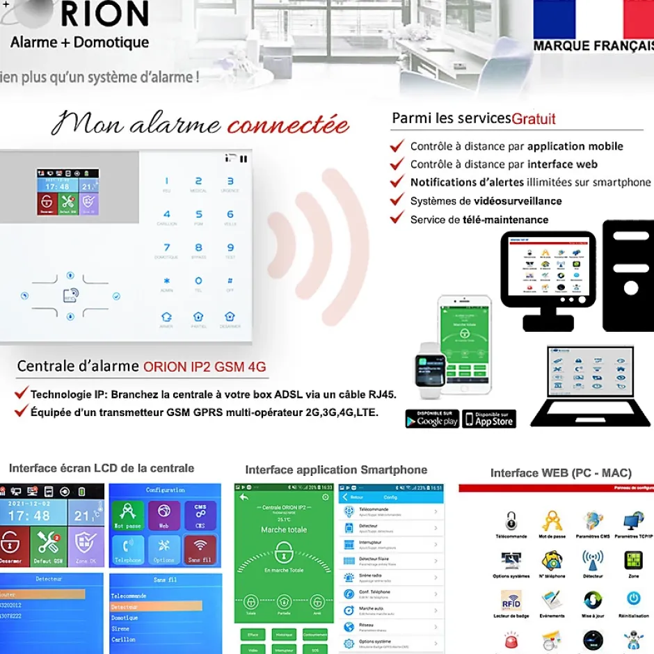 Pack sans fil connectée IP + GSM 4G avec sirène à piles - pour maison 3 à 5 piéces.-Alarme Orion Best
