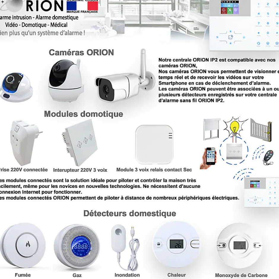 Pack sans fil connectée IP + GSM 4G avec sirène à piles - pour maison 3 à 5 piéces.-Alarme Orion Best