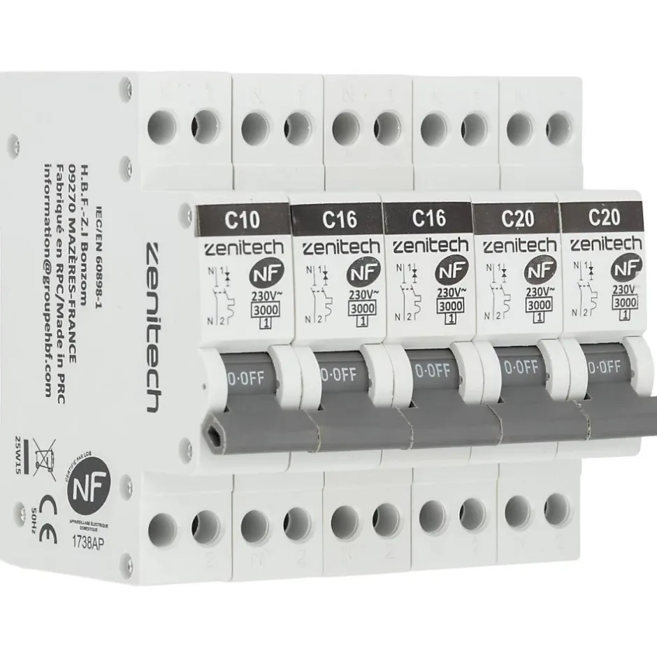 Pack de 5 disjoncteurs 1x10A + 2x16A + 2x20A --Zenitech New