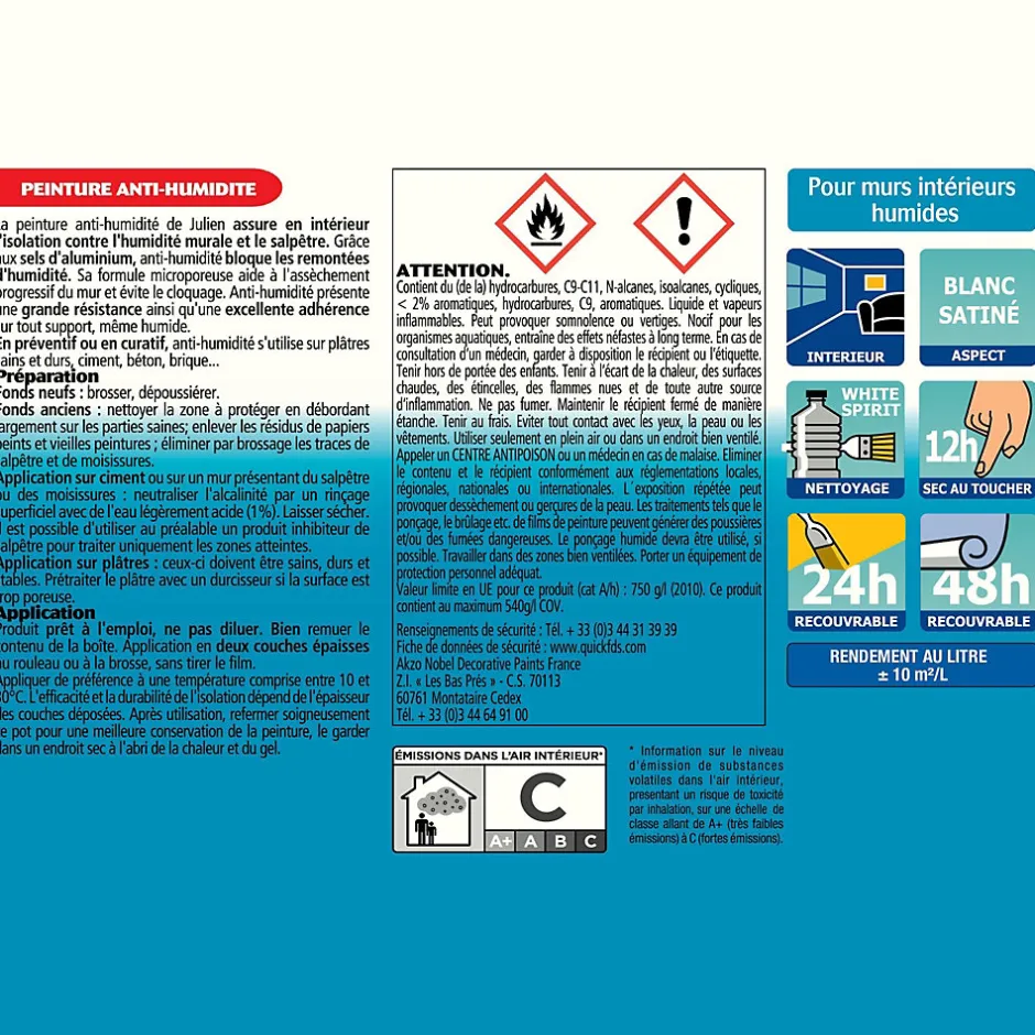 Peinture anti humidité blanc satiné 2,5L-Julien Hot