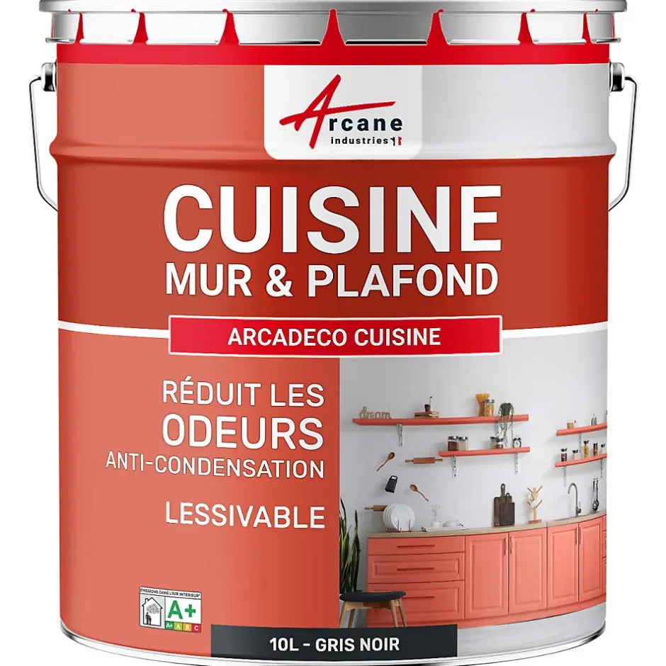 Peinture cuisine lavable, mur et plafond Gris Noir - RAL 7021 - 10 L --Arcane Industries Online