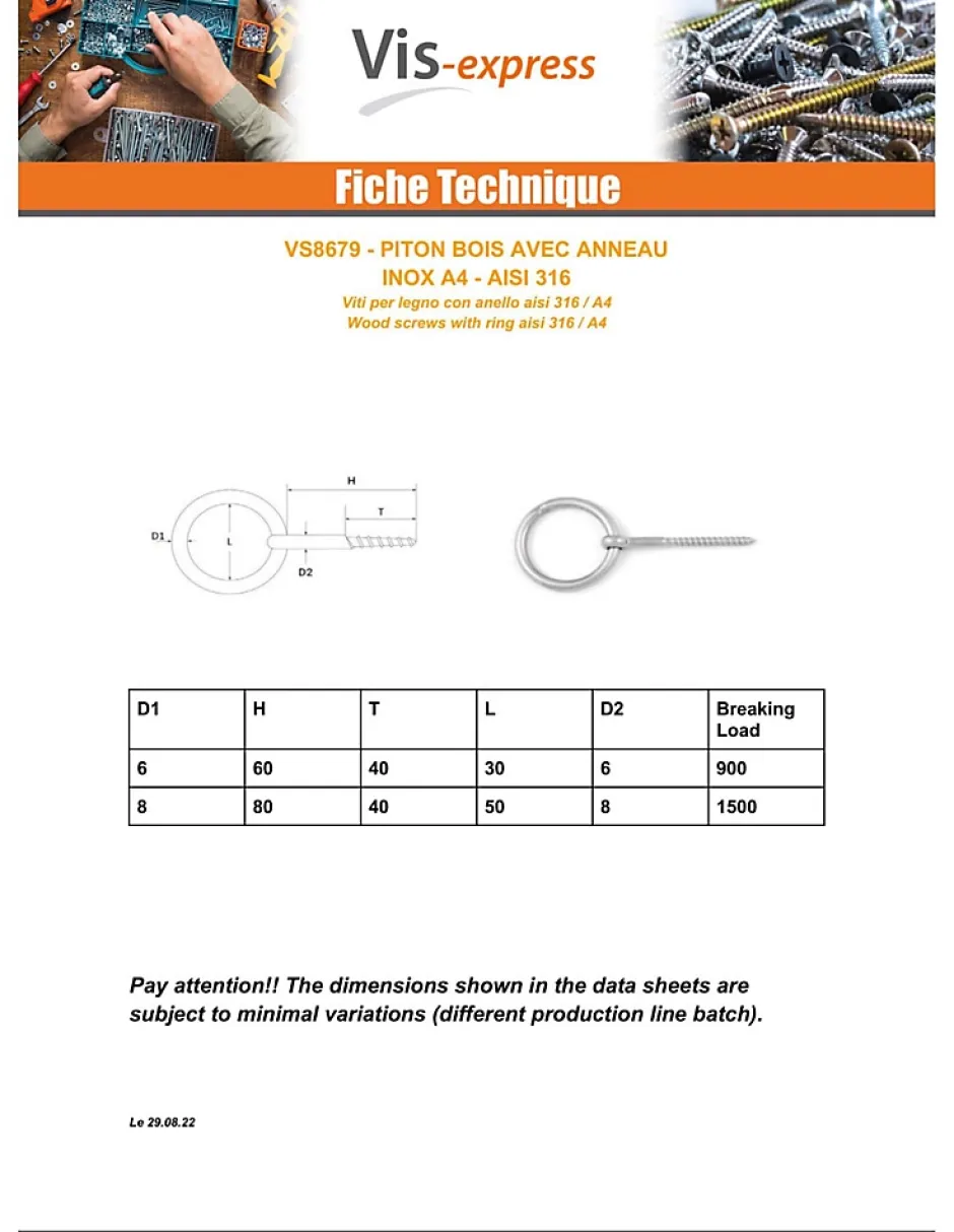 Piton Anneau Filetage Bois 8X80 Filetée sur 40 Inox A4 - 1 pièce^Vis Express Sale