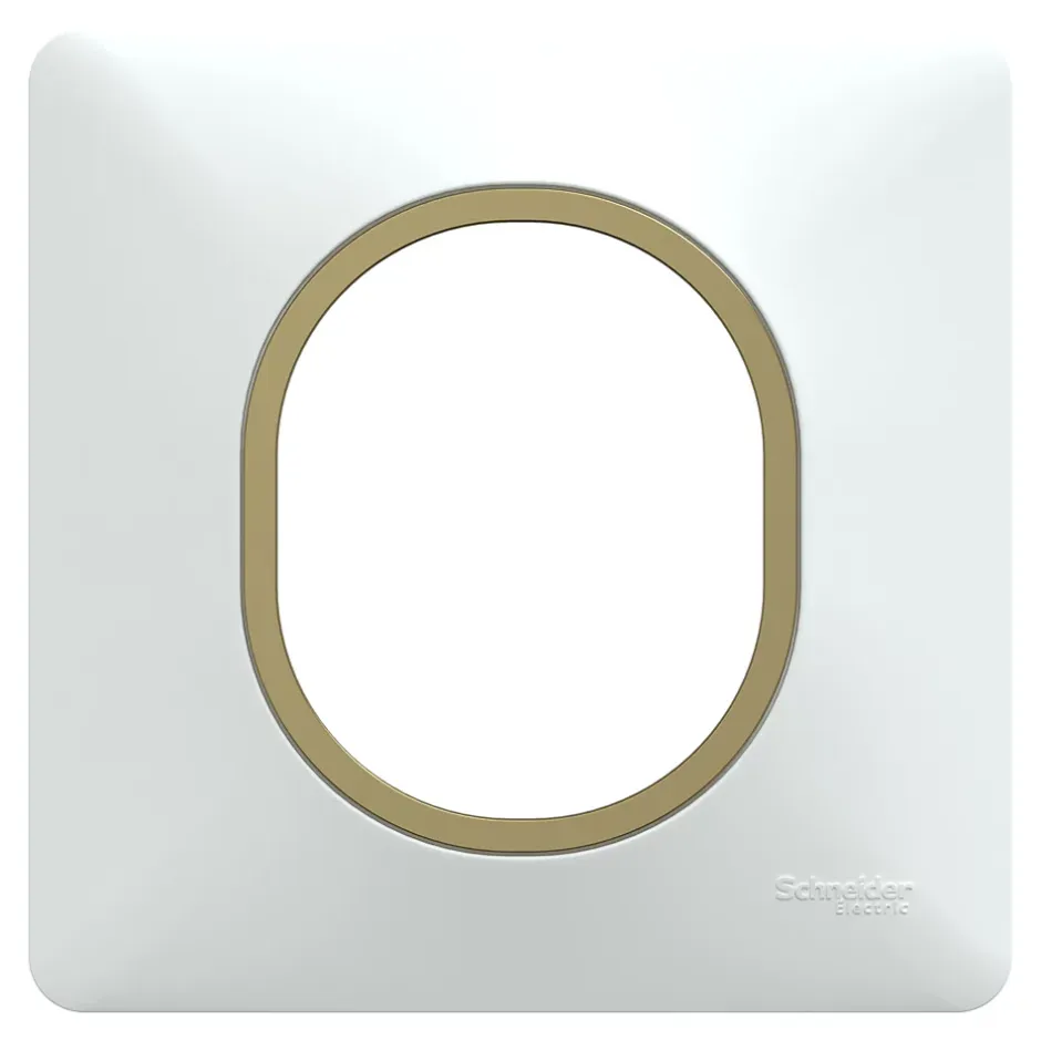 Plaque de finition 1 poste Ovalis S320702D coloris blanc avec liseré laiton l.87 x P.10 x H.87 mm-Schneider Electric Hot