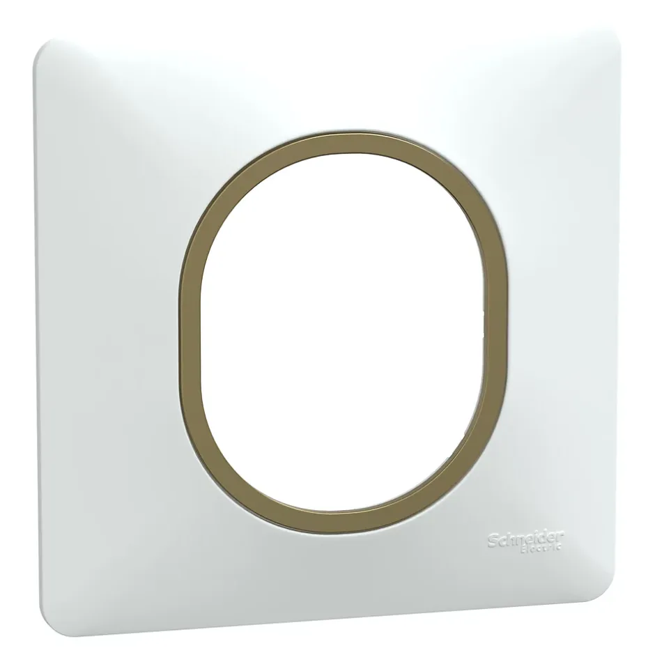 Plaque de finition 1 poste Ovalis S320702D coloris blanc avec liseré laiton l.87 x P.10 x H.87 mm-Schneider Electric Hot
