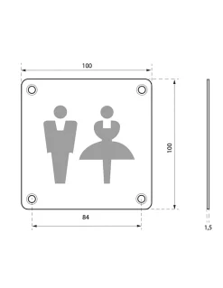 Plaque de signalisation WC Mixte , à visser, inox brossé, marquage noir, 100x100mm --Thirard Outlet