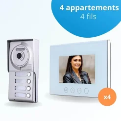 Portier interphone vidéo classic 4 fils - 4 appartements - 4 écrans blancs 7