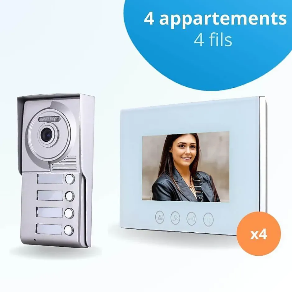 Portier interphone vidéo classic 4 fils - 4 appartements - 4 écrans blancs 7" - avec mémoire photos^BT SECURITY Discount