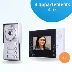 Portier interphone vidéo classic 4 fils - 4 appartements - 4 écrans noirs^BT SECURITY