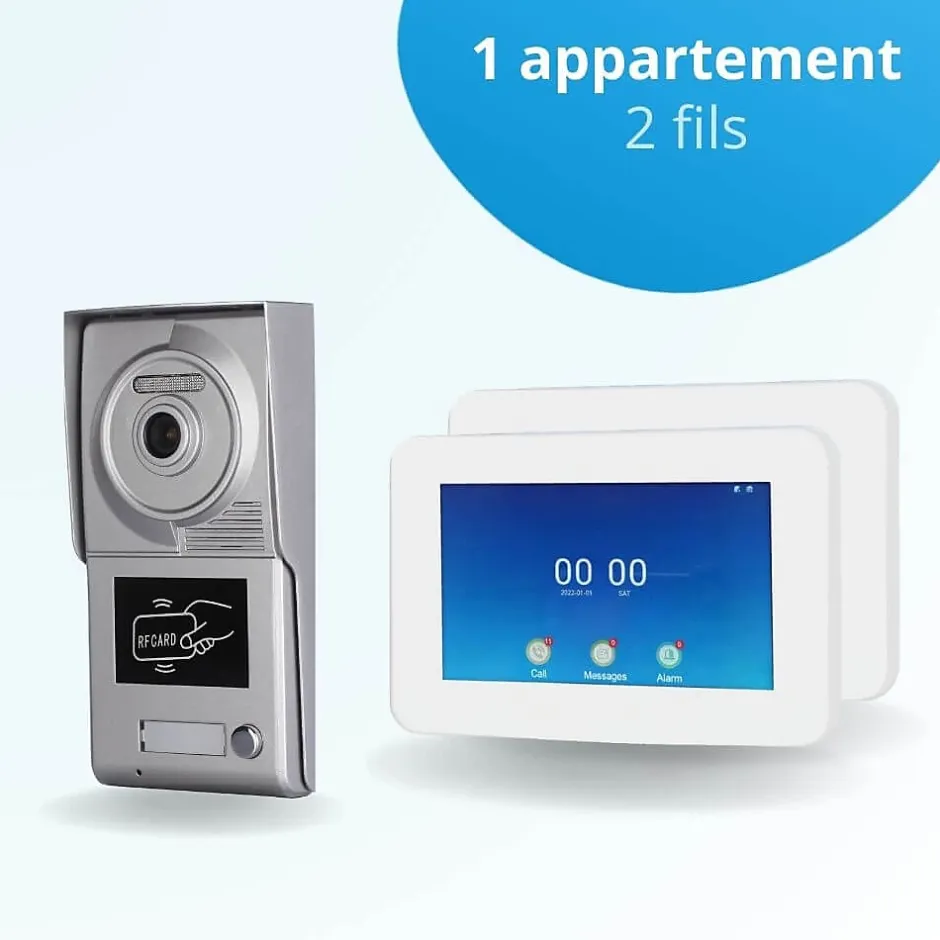 Portier interphone vidéo neo 2 fils - 1 appartement - 2 écrans tactiles connectés 7" blanc - avec lecteur de badge^BT SECURITY Sale