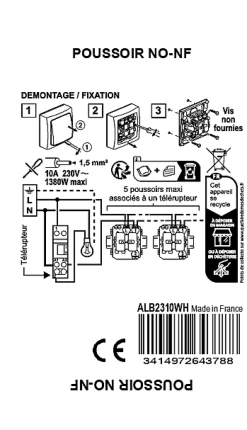 Poussoir simple ALB2310WH blanc montage en saillie 10A 230V-Legrand Clearance