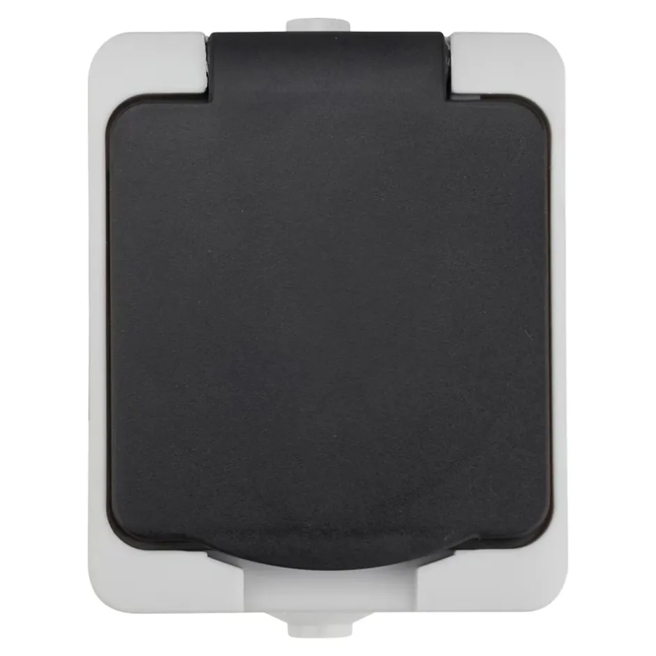 Prise avec terre étanche en saillie gris complet - H 7,6 cm / L 5,5 cm / P 4,3 cm-