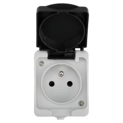 Prise avec terre étanche en saillie gris complet - H 7,6 cm / L 5,5 cm / P 4,3 cm-