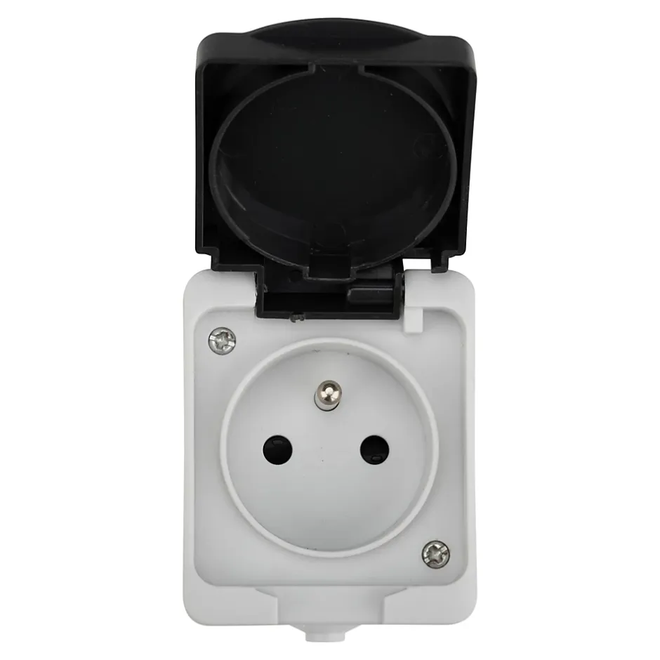 Prise avec terre étanche en saillie gris complet - H 7,6 cm / L 5,5 cm / P 4,3 cm-