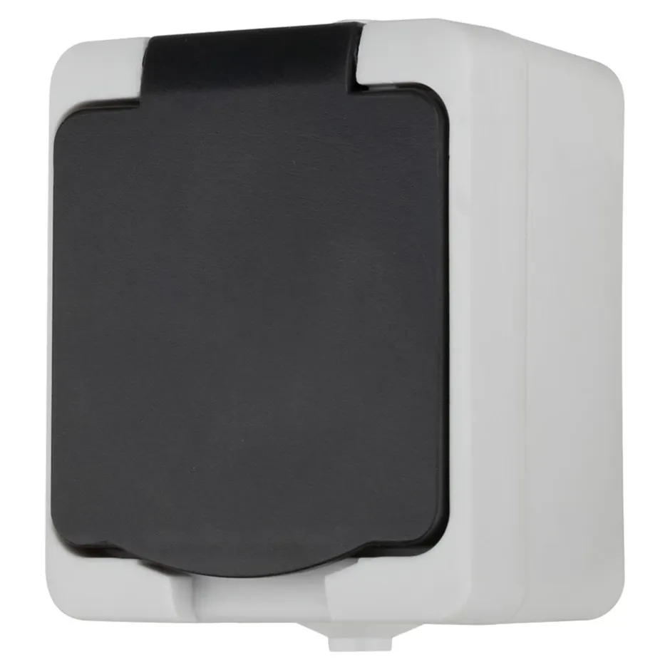 Prise avec terre étanche en saillie gris complet - H 7,6 cm / L 5,5 cm / P 4,3 cm-