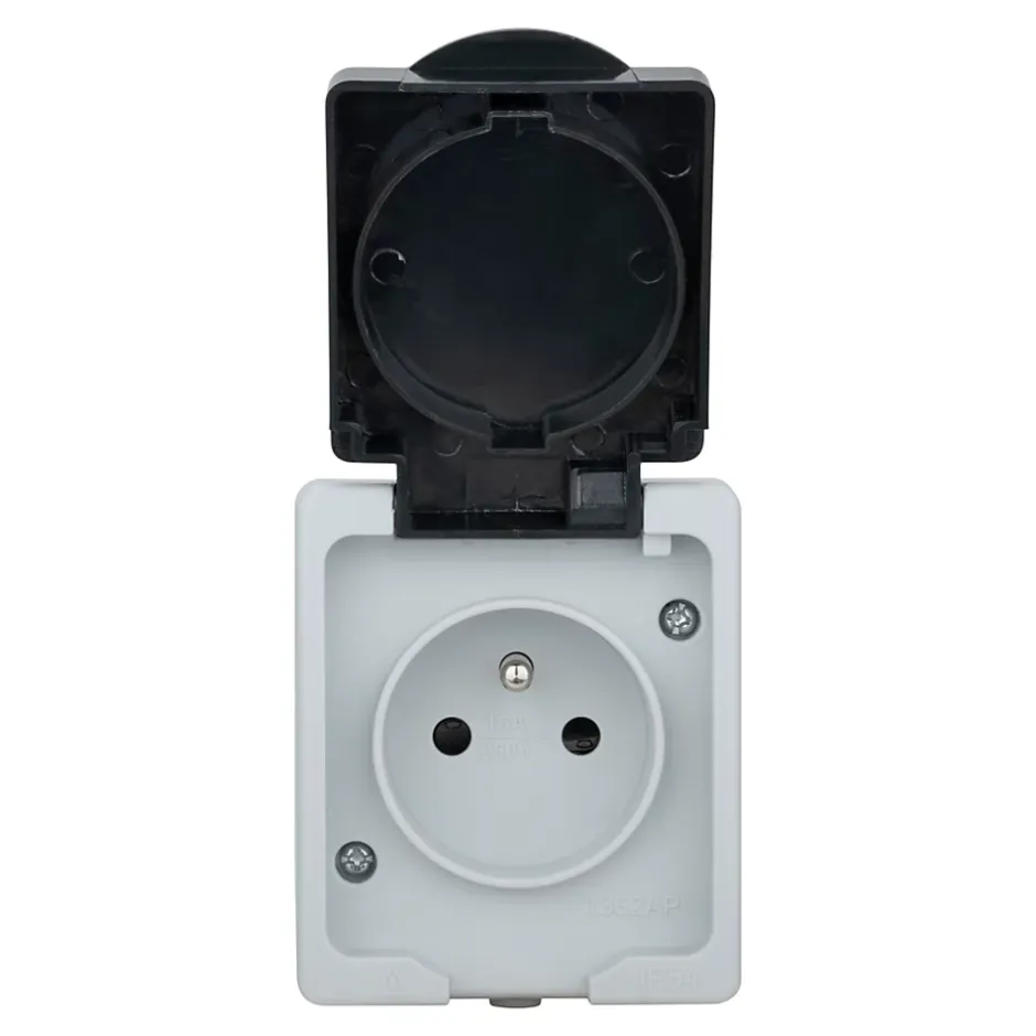 Prise avec terre étanche en saillie gris complet - H 8,5 cm / L 6,5 cm / P 5 cm^ Online