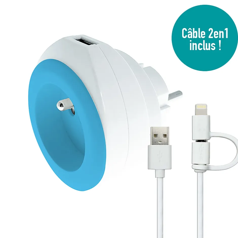 Prise BEWATT + chargeur USB Bleu - Watt and Co-Wattandco Sale
