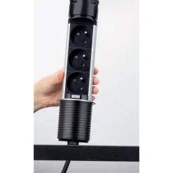 Prise plan de travail SKY - Bloc 3 prises + 2 USB-A rétractable inox et noir-Cuisissimo New