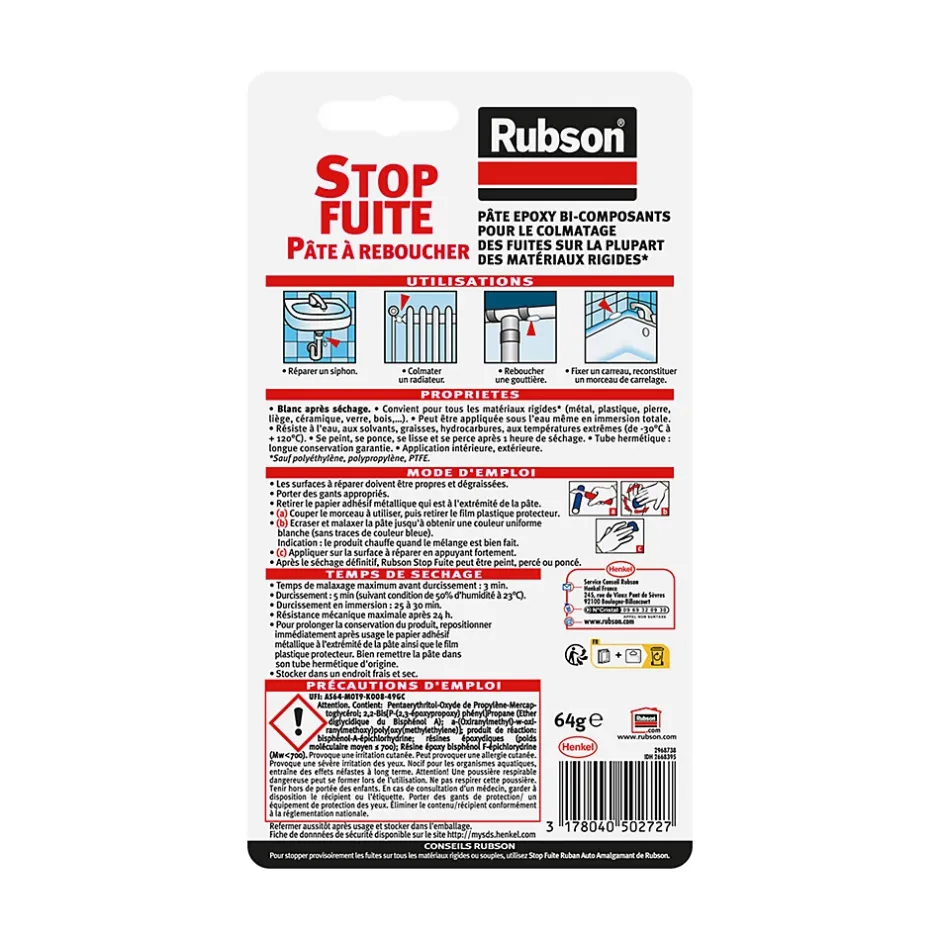 Pâte à reboucher Salle de bain Saine Stop fuite 64g-Rubson Discount