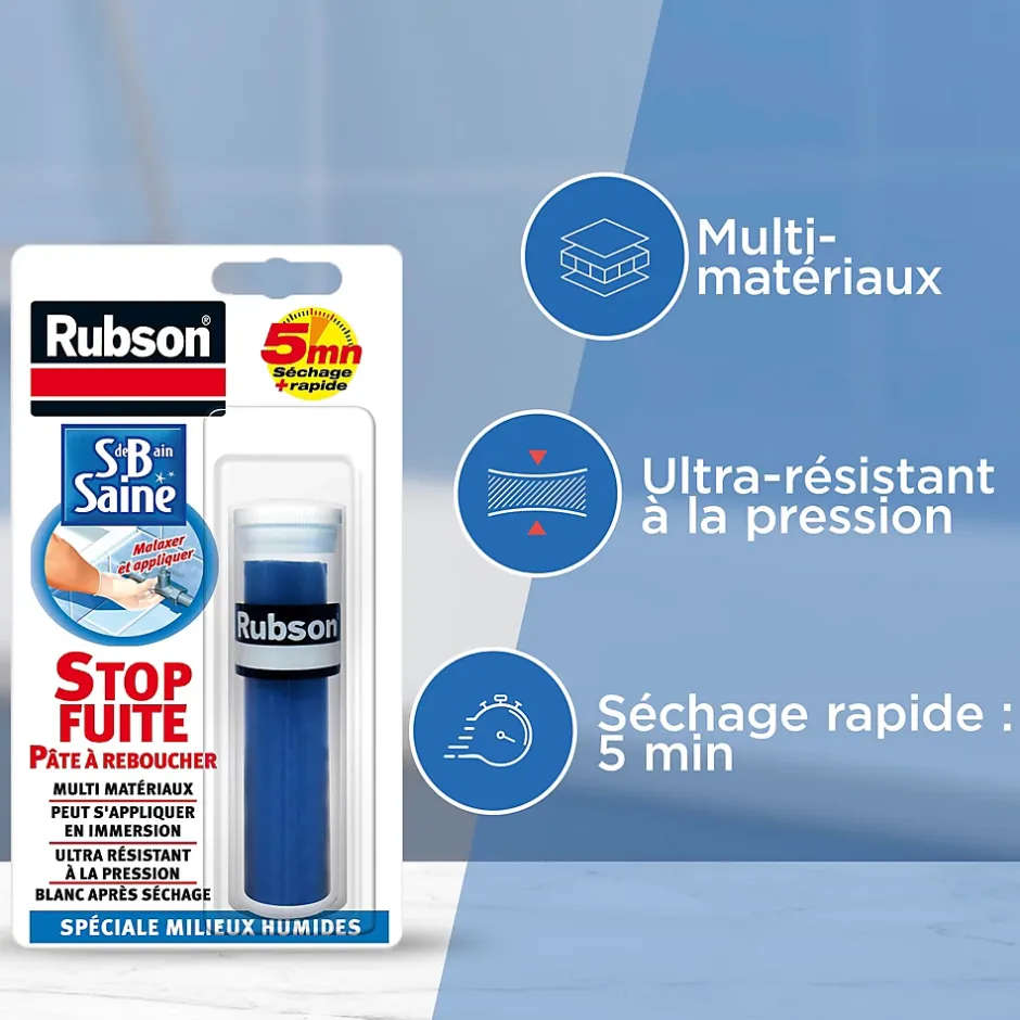 Pâte à reboucher Salle de bain Saine Stop fuite 64g-Rubson Discount