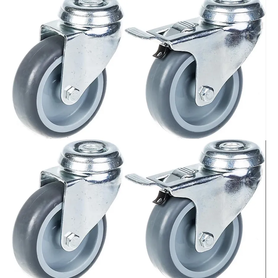 Roulette 75mm 3" à bandage caoutchouc gris, pivotante et freinée, capacité 240kg, jeu de 4^Parnells Discount