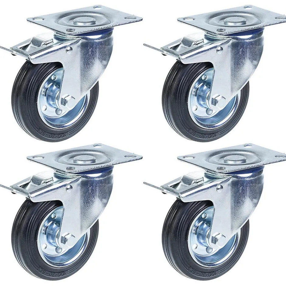 Roulette 100mm 4" à bandage caoutchouc, pivotante avec frein, capacité 90kg, jeu de 4-Parnells Sale