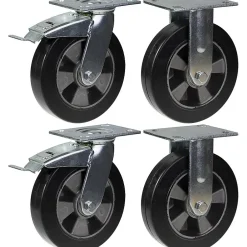 Roulette 200mm 8" frein caoutchouc noir & fixe capacité 1800kg, jeu de 4-Parnells