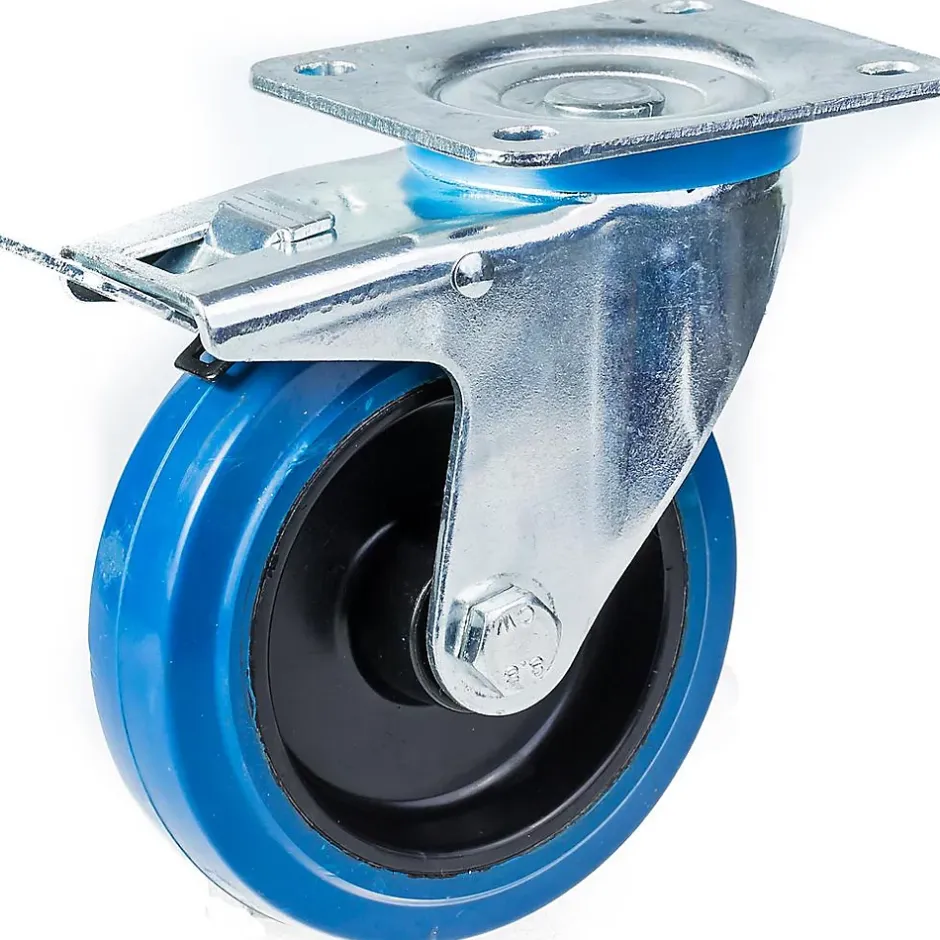 Roulette pivotante/frein de 100 mm avec caoutchouc élastique bleu sur roue centrale en nylon^Parnells Hot