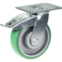Roulette pivotante/frein de 160mm avec polyuréthane élastique convexe vert sur fonte ce-Parnells New
