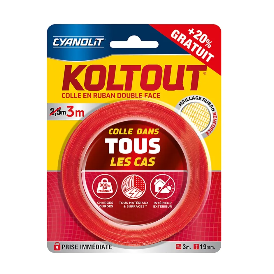 Ruban adhésif double face Koltout Express 3 m x 19 mm + 20%^Cyanolit