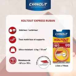 Ruban adhésif double face Koltout Express 2,5 m x 19 mm-Cyanolit New