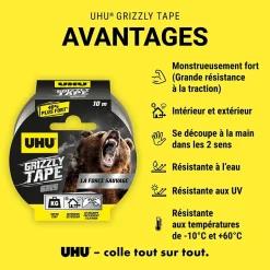 Ruban adhésif Grizzly tape gris 10m-UHU Hot