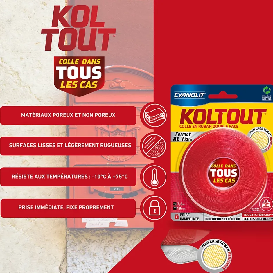Ruban colle Koltout extra fin h. 19 mm x l. 7.5 m-Cyanolit Hot