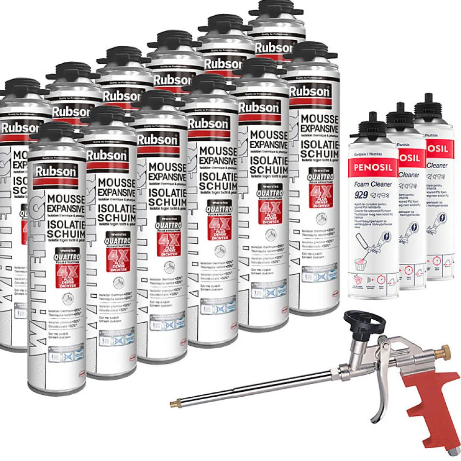 Pack de 12 Mousses Expansives WhiteTeq Pistolable 750ml + 3 Nettoyants FoamCleaner 929 500ml Penosil + Pistolet^Rubson Sale