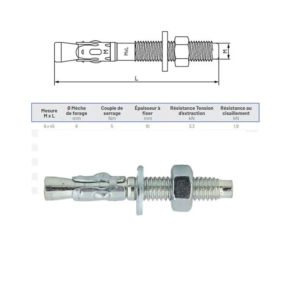 Sachet de 10 goujons d'ancrage métallique M.6x45mm-Lem Select Online