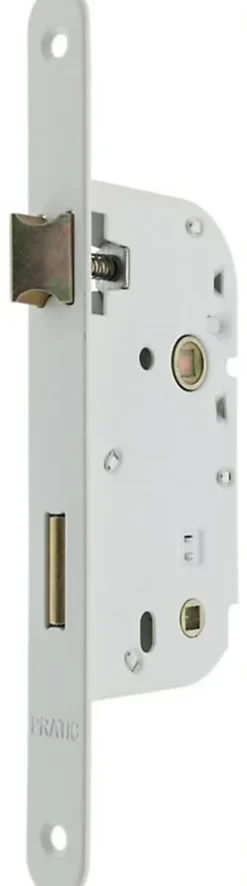 Serrure à mortaiser bec de cane à condamnation pour porte de salle de bains ou toilettes, axe 50 mm, carré de 7, coloris blanc. Bouts ronds.-Bricard Best