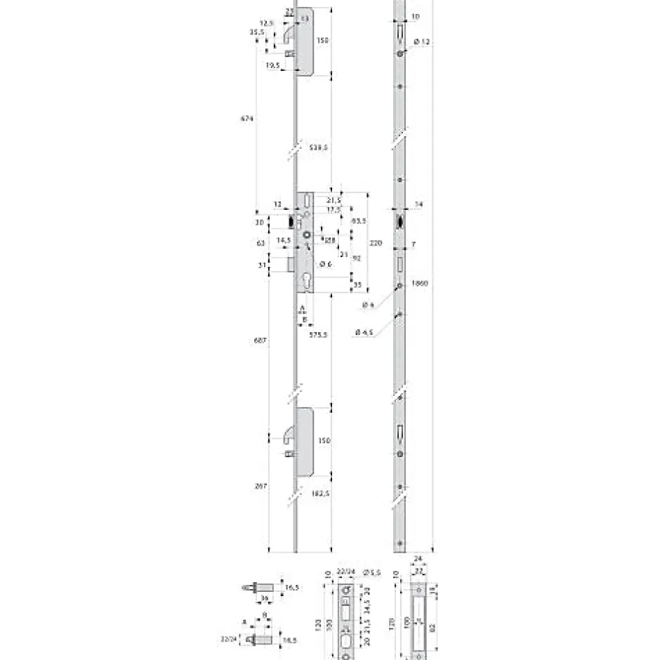 Serrure 3 points TF3 à pêne crochet et pêne dormant de coffre 45mm têtières en U 24x6mm - STREMLER - 6470.45.0B-Stremler Assa Abloy Online