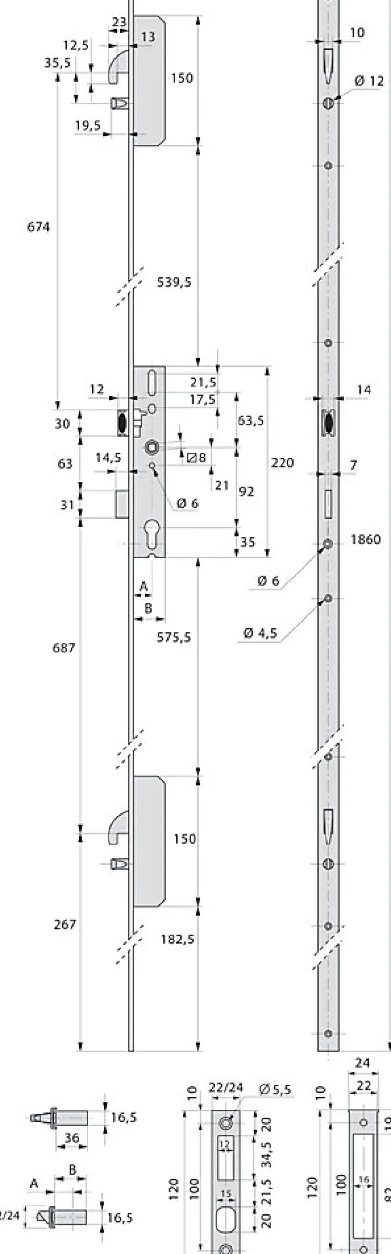 Serrure 3 points TF3 à pêne crochet et pêne dormant de coffre 45mm têtières en U 24x6mm - STREMLER - 6470.45.0B-Stremler Assa Abloy Online