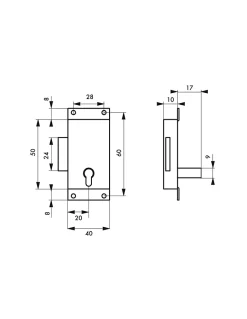 Serrure de meuble en applique pour porte d'ameublement, axe 20mm, 40x50mm, laiton, 1 clé -^Thirard