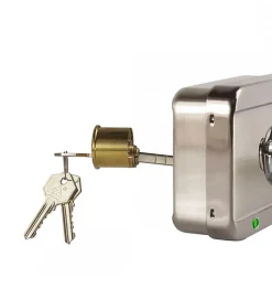 Serrure électrique motorisée en applique pene dormant cylindre rond réversible 12V DOM CE105^Autres Discount