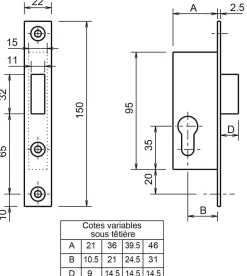 Serrure monopoint à larder profil étroit pêne dormant seul petit coffre Série 14 largeur 46mm - - F114460000^Metalux Discount