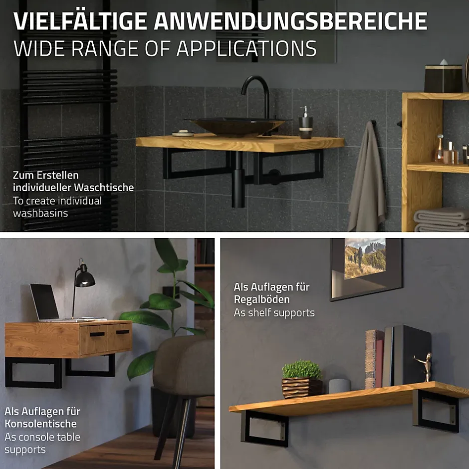 Set de 2x consoles murales support d'étagères en acier noir mat 450x150x30 mm-Ml-Design Best