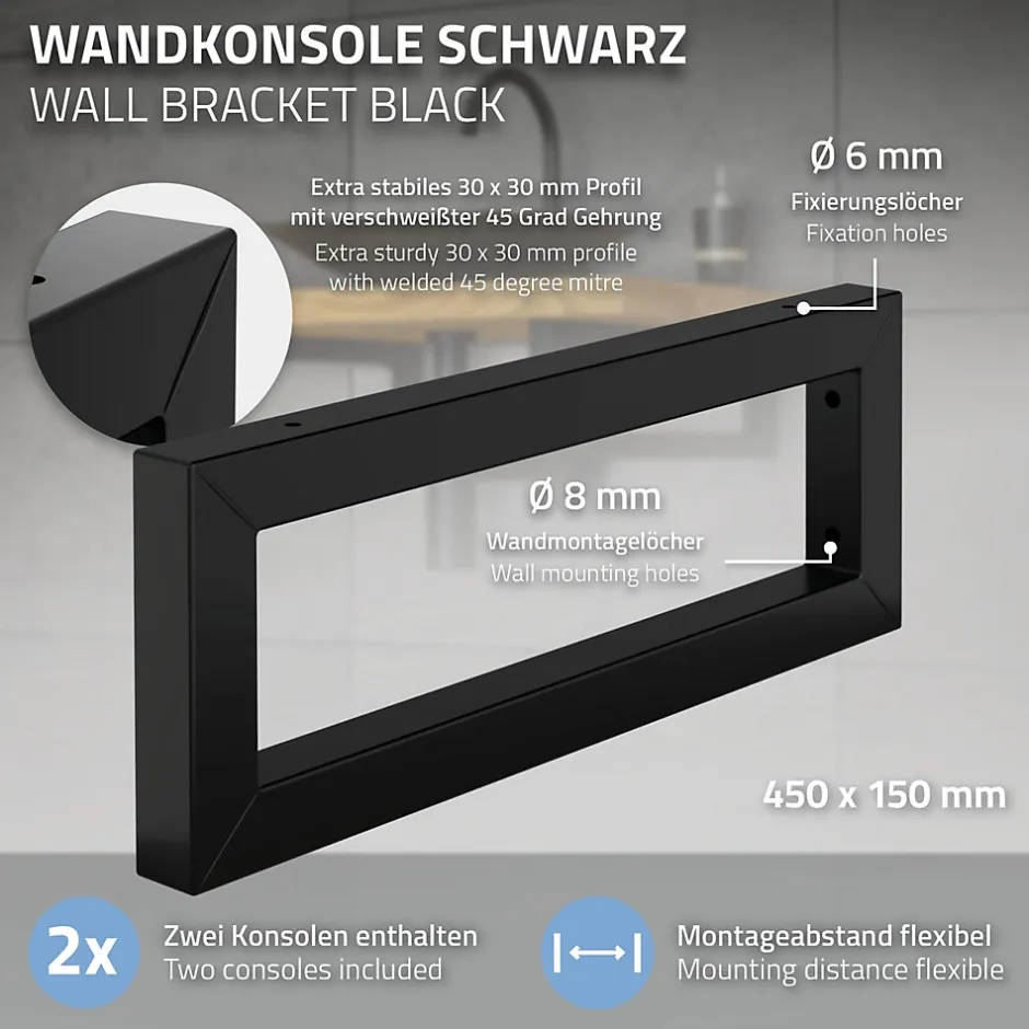 Set de 2x consoles murales support d'étagères en acier noir mat 450x150x30 mm-Ml-Design Best