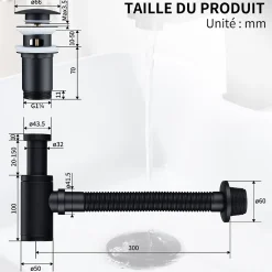 Siphon de Lavabo avec Bonde Pop Up Universel Noir Mat en Acier Inox et Laiton pour Salle de Bain-Homelody