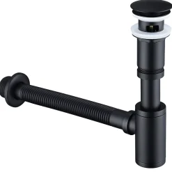 Siphon de Lavabo avec Bonde Pop Up Universel Noir Mat en Acier Inox et Laiton pour Salle de Bain-Homelody