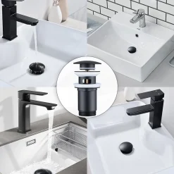 Siphon noir à clapet avec trop-plein, adapté aux lavabos et éviers-Homelody Online