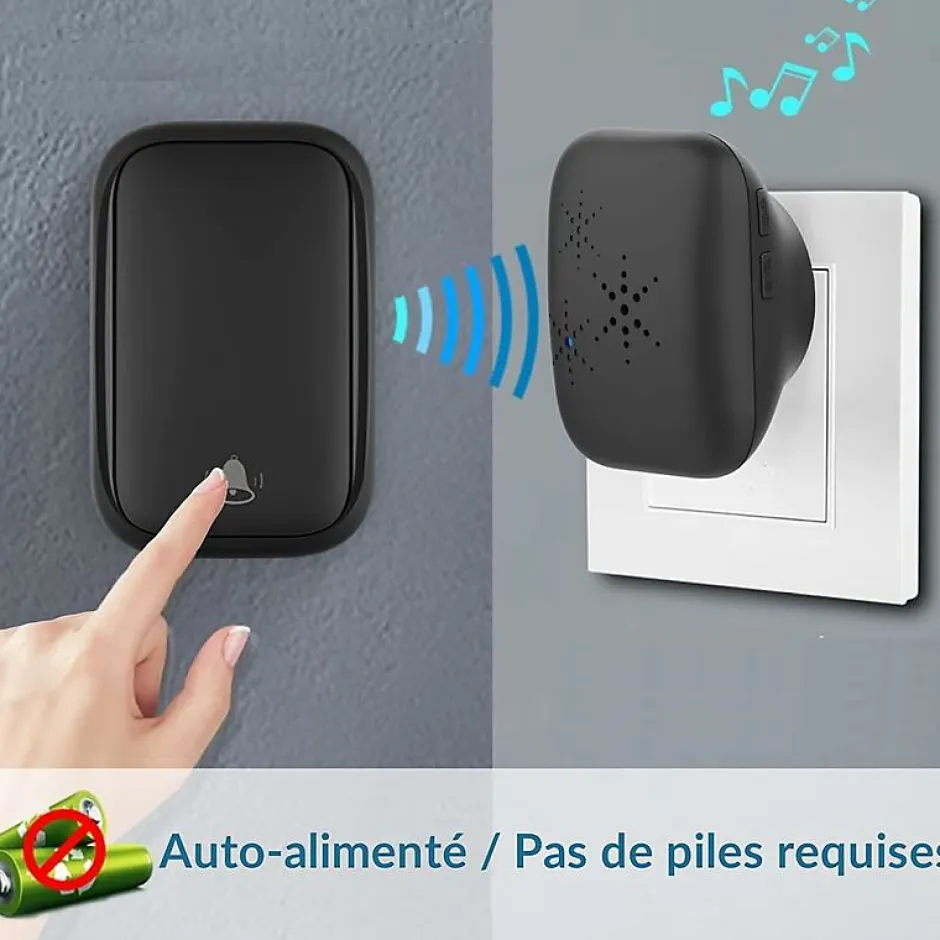 Sonnette d'extérieur sans fil sans batterie, étanche IP 68, humidité de la neige et de la pluie, noir-Deko Best