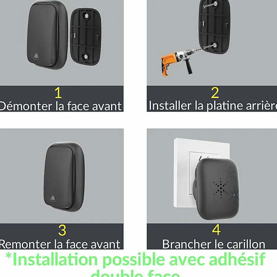 Sonnette d'extérieur sans fil sans batterie, étanche IP 68, humidité de la neige et de la pluie, noir-Deko Best