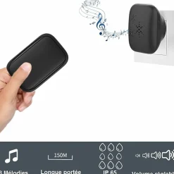 Sonnette d'extérieur sans fil sans batterie, étanche IP 68, humidité de la neige et de la pluie, noir-Deko Best
