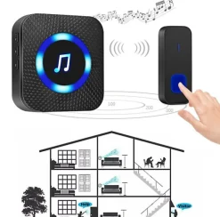 Sonnette sans fil, sonnette à distance 300m sonnette électronique étanche, kit de sonnette avec récepteur enfichable, noire^Deko